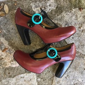 John Fluevog Red and Black Heels with Blue Accents